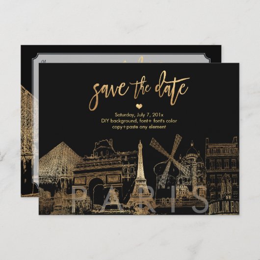 PixDezines/Save the Date Paris Skyline/Faux Gold Aankondigingskaart (Voorkant / Achterkant)