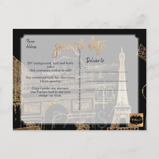 PixDezines/Save the Date Paris Skyline/Faux Gold Aankondigingskaart (Achterkant)