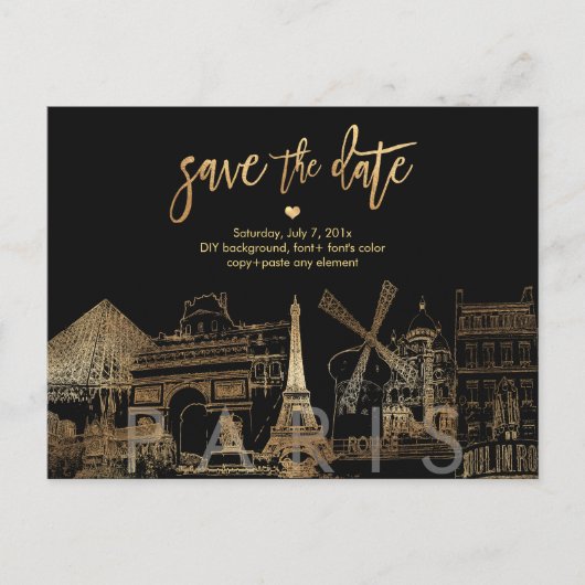 PixDezines/Save the Date Paris Skyline/Faux Gold Aankondigingskaart (Voorkant)