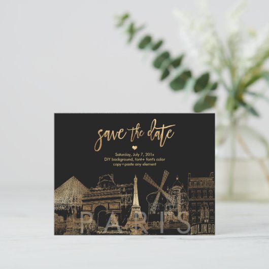 PixDezines/Save the Date Paris Skyline/Faux Gold Aankondigingskaart (Staand voorkant)