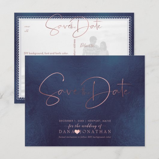 PixDezines Save the Date/Roos Gold Iridescent Navy Briefkaart (Voorkant / Achterkant)