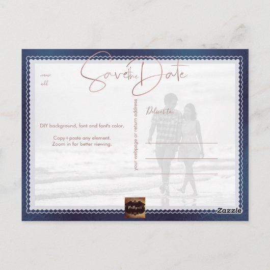 PixDezines Save the Date/Roos Gold Iridescent Navy Briefkaart (Achterkant)