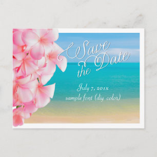 PixDezines/save the date/roze plumeria+strand Aankondigingskaart