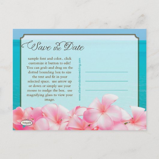 PixDezines/save the date/roze plumeria+strand Aankondigingskaart (Achterkant)