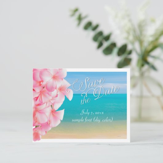 PixDezines/save the date/roze plumeria+strand Aankondigingskaart (Staand voorkant)