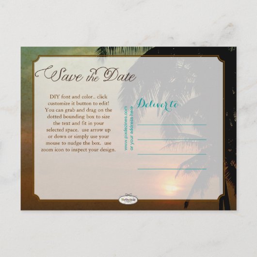 PixDezines/save the date/ tropisch strand Aankondigingskaart (Achterkant)