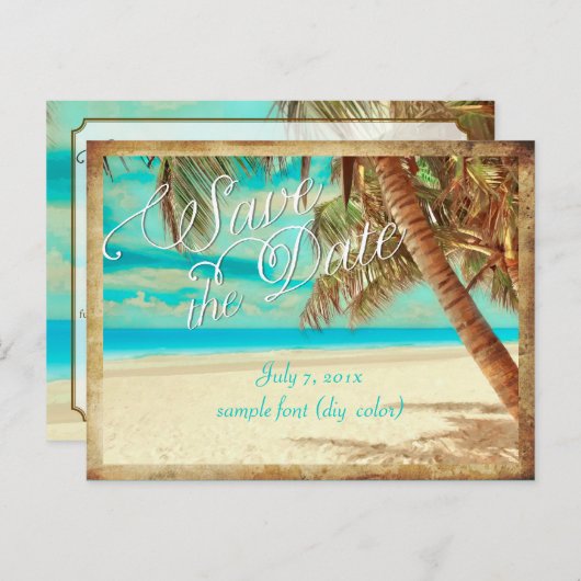 PixDezines/save the date/ tropisch strand Aankondigingskaart (Voorkant / Achterkant)
