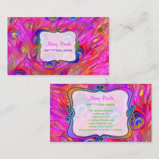 PixDezines schilderde pauw/hete roze Visitekaartje (Voorkant / Achterkant)