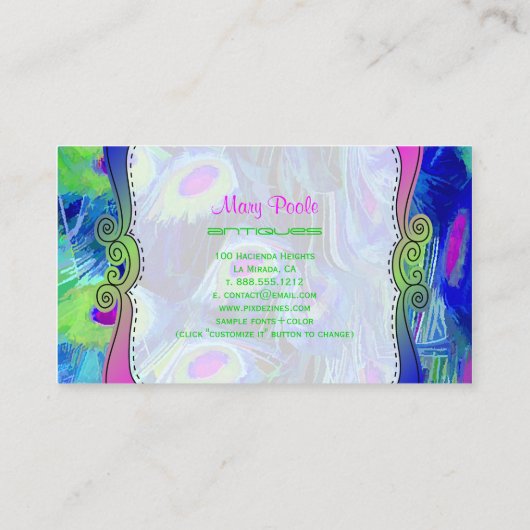 PixDezines schilderde pauw/kobalt+emerald Visitekaartje (Achterkant)