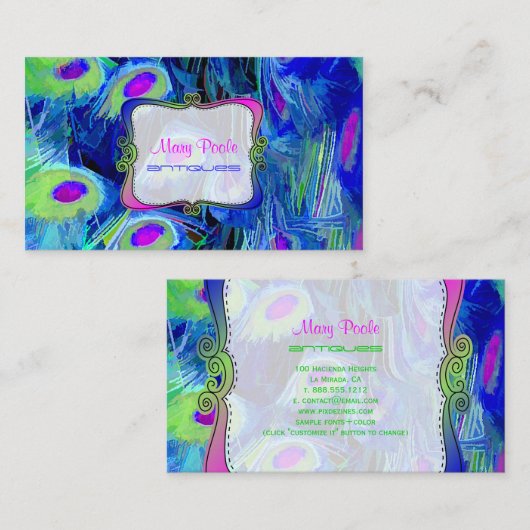 PixDezines schilderde pauw/kobalt+emerald Visitekaartje (Voorkant / Achterkant)