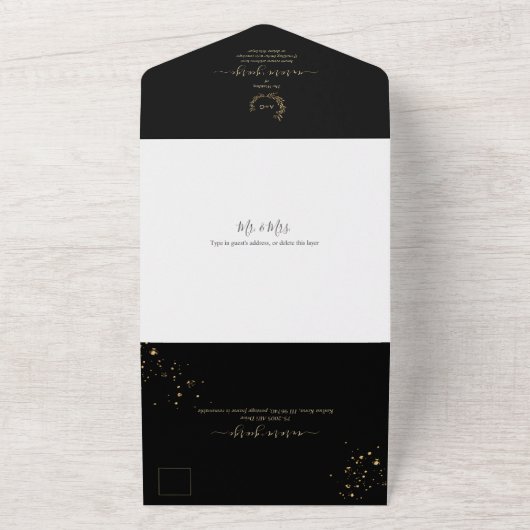 PixDezines Simple Black Faux Gold Wreater All In One Uitnodiging (Buitenkant)