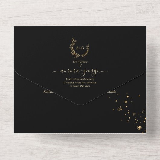 PixDezines Simple Black Faux Gold Wreater All In One Uitnodiging (Achterkant)