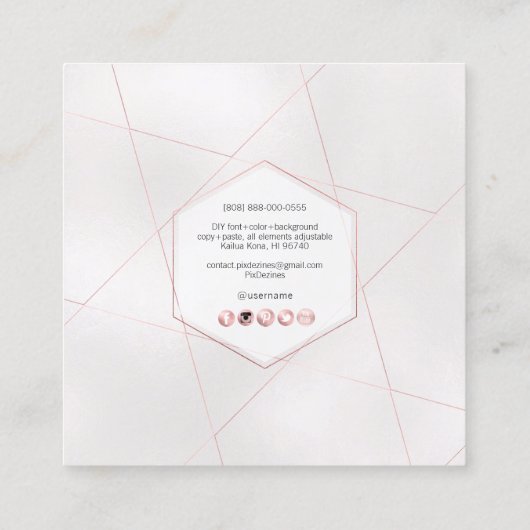 PixDezines Simple Elegant, Parly White+Roze Vierkante Visitekaartje (Achterkant)