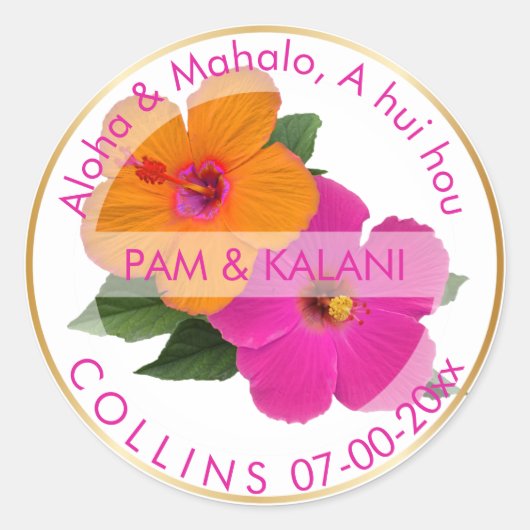 PixDezines Sinaasappel/Roze Hibiscus/Aloha/Mahalo Ronde Sticker (Voorkant)