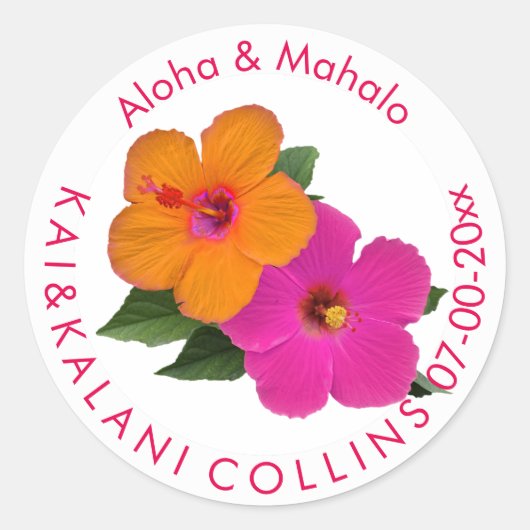 PixDezines Sinaasappel/Roze Hibiscus/Aloha/Mahalo Ronde Sticker (Voorkant)