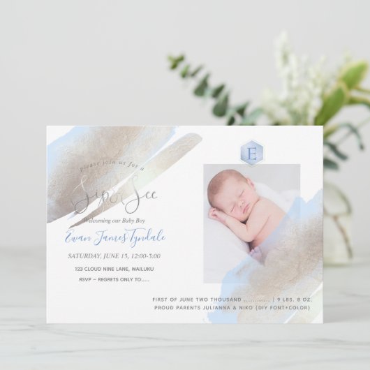 PixDezines SIP+SEE, MONOGRAM, PLATINUM+BLUE Aankondiging (Staand voorkant)