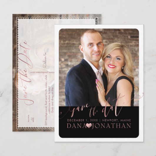 PixDezines Sla de datum/Roos Gold/Cool Script op Briefkaart (Voorkant / Achterkant)