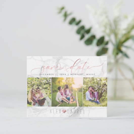 PixDezines Sla onze datum/Faux-Roos Gold+Marble op Aankondigingskaart (Staand voorkant)