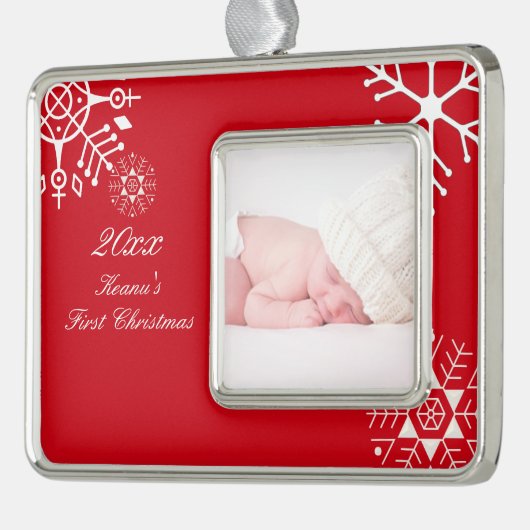 PixDezines Snowflakes First Kerstmis/DIY-kleur Verzilverd Omlijst Ornament (Links)