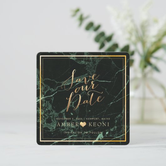 PixDezines sparen Datum/Groene Marmer/Faux Gold Save The Date (Staand voorkant)