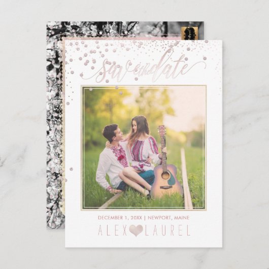 PixDezines sparen de Datum/de Blush Roze Confetti Aankondigingskaart (Voorkant / Achterkant)