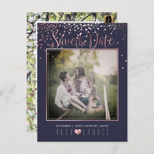 PixDezines sparen de Datum/de Faux Roos Gold Confe Aankondigingskaart (Voorkant / Achterkant)