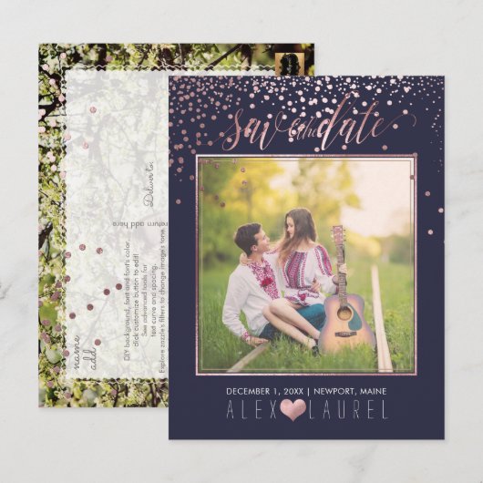 PixDezines sparen de Datum/de Faux Roos Gold Confe Aankondigingskaart (Voorkant / Achterkant)