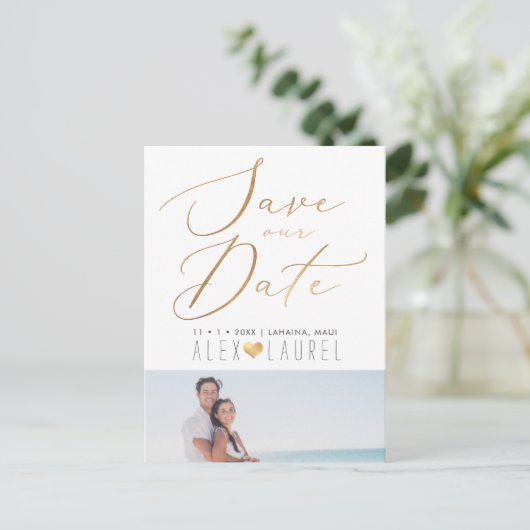 PixDezines sparen onze Datum, Faux Gold Calligrafi Briefkaart (Staand voorkant)