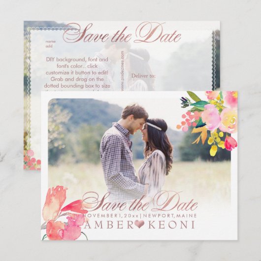 PixDezines Spring Floral Save the Date/Roos Gold Aankondigingskaart (Voorkant / Achterkant)