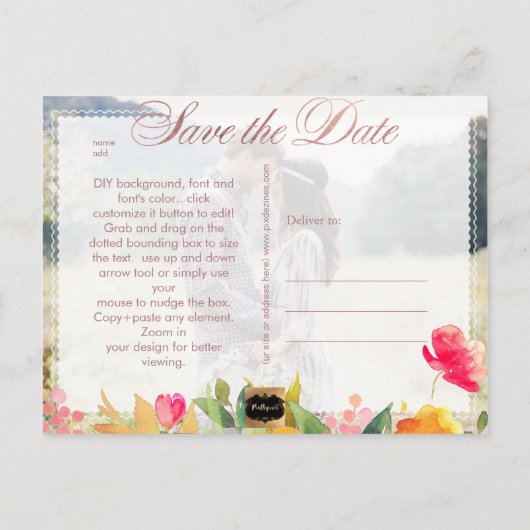 PixDezines Spring Floral Save the Date/Roos Gold Aankondigingskaart (Achterkant)