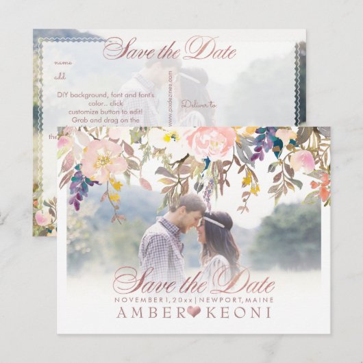 PixDezines Spring Floral Save the Date/Roos Gold Aankondigingskaart (Voorkant / Achterkant)