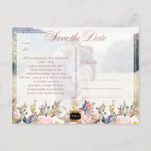 PixDezines Spring Floral Save the Date/Roos Gold Aankondigingskaart (Achterkant)