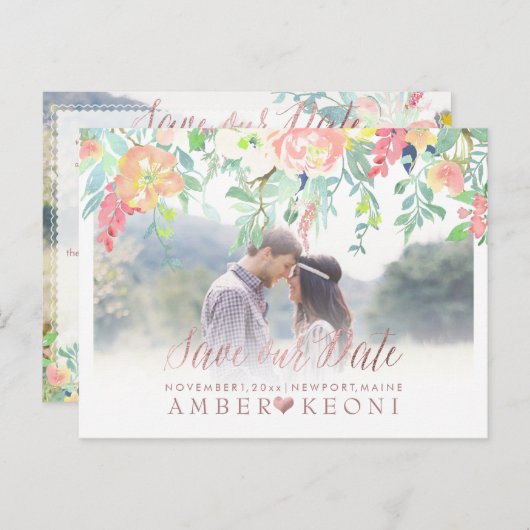 PixDezines Spring Floral Save the Date/Roos Gold Aankondigingskaart (Voorkant / Achterkant)