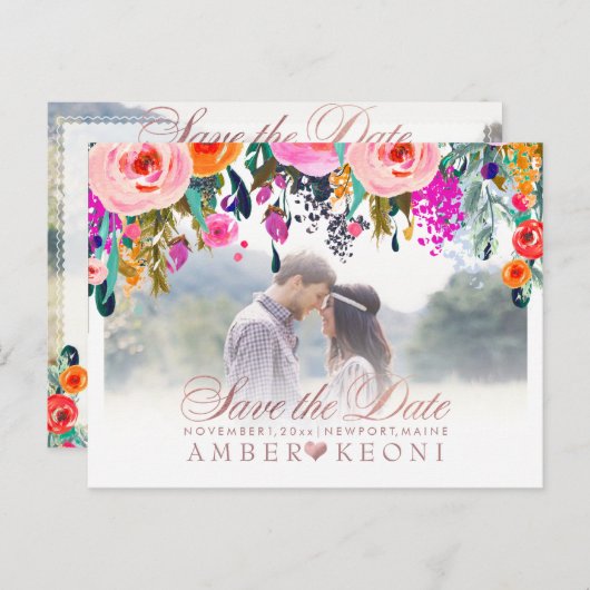 PixDezines Spring Floral Save the Date/Roos Gold Aankondigingskaart (Voorkant / Achterkant)