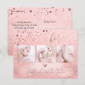 PixDezines Star is geboren, Roos Gold Snow Bokeh Aankondigingskaart (Voorkant / Achterkant)