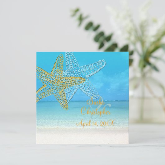 PixDezines Starfish+Beach bruiloft uitnodigingen (Staand voorkant)