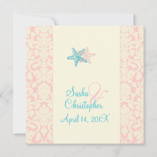 PixDezines Starfish + damask Wedding Invitting Kaart