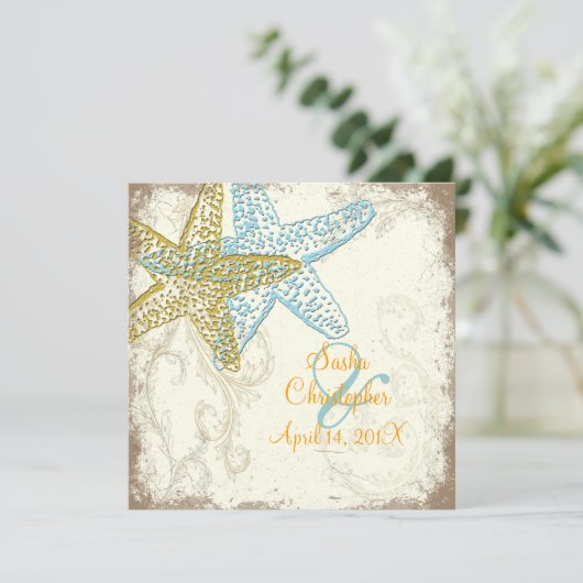 PixDezines Starfish+floral strand bruiloft Kaart (Staand voorkant)