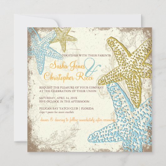 PixDezines Starfish+floral strand bruiloft Kaart (Achterkant)