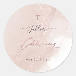 PixDezines Stof Roze Roos Goud Doop Ronde Sticker