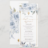 PixDezines Stofblauwe H2 Bloemen Doop Menu Kaart (Voorkant / Achterkant)