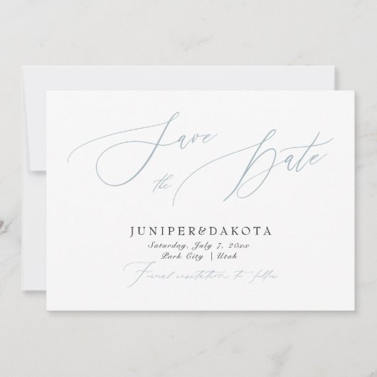 PixDezines Stofblauwe Moderne Script Save the Date Kaart (Voorkant)