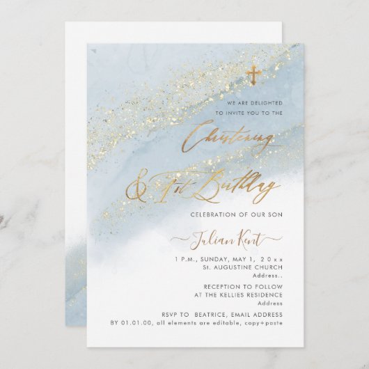 PixDezines Stoffig Blauw Goud Doopsel 1e BD Kaart (Voorkant / Achterkant)