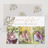 PixDezines Stoffig Blauw Monstera Faux Metallic Save The Date (Voorkant / Achterkant)