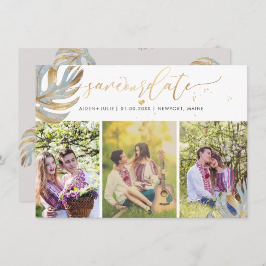 PixDezines Stoffig Blauw Monstera Faux Metallic Save The Date (Voorkant / Achterkant)