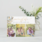 PixDezines Stoffig Blauw Monstera Faux Metallic Save The Date (Staand voorkant)