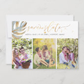 PixDezines Stoffig Blauw Monstera Faux Metallic Save The Date (Voorkant)