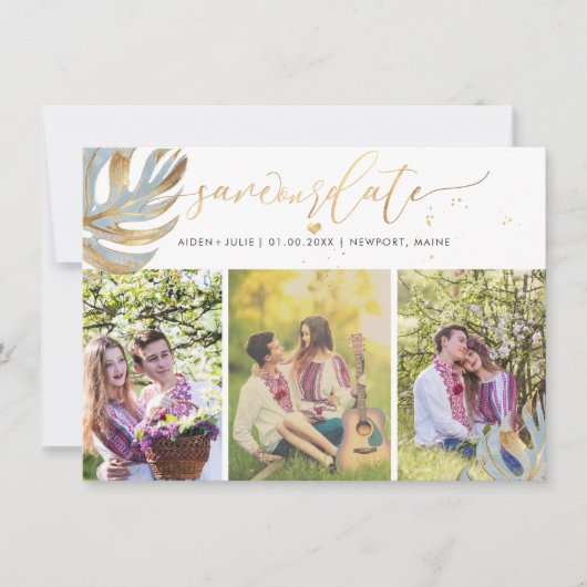 PixDezines Stoffig Blauw Monstera Faux Metallic Save The Date (Voorkant)