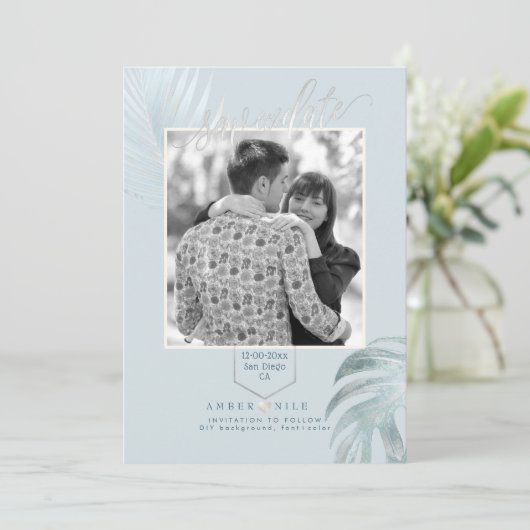 PixDezines Stoffig Blauw Opslaan Datum/Zilveren Pa Save The Date (Staand voorkant)