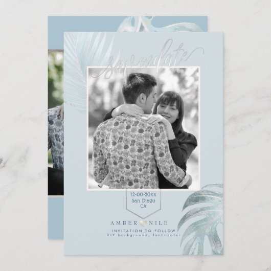 PixDezines Stoffig Blauw Opslaan Datum/Zilveren Pa Save The Date (Voorkant / Achterkant)